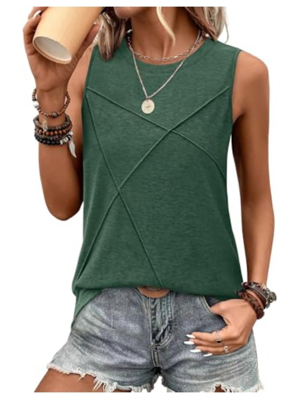 Women's Sleeveless Crewneck Loose Fit Tank Top Textured Lightweight Summer
